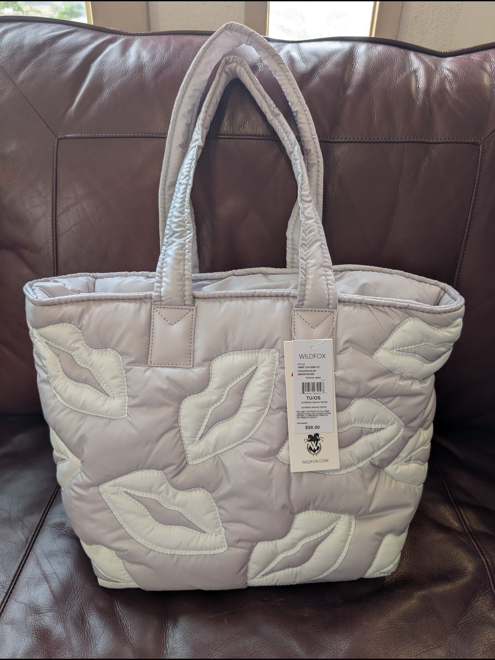 Pale Gray Quilted White Lip Kisses Appliqué Puffy Large Tote Purse Everyday Bag